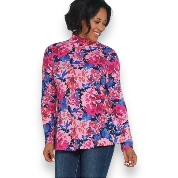 Isaac Mizrahi Live Peony Bouquet Print Mock Neck Peplum Top - Picture 1 of 11